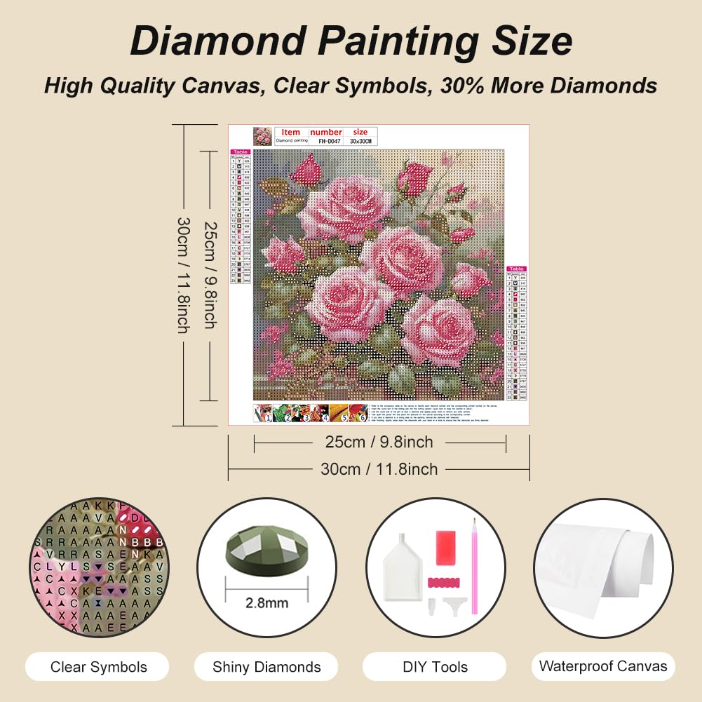 FHBUBPUP Pink Rose Diamond Painting Kits for Adults, Pink Rose Diamond Art Kits, Full Drill Round Gem Art, DIY Flower Paint with Diamond Kits Beads Crafts for Home Wall Decoration Gifts 12x12 inch FHBUBPUP