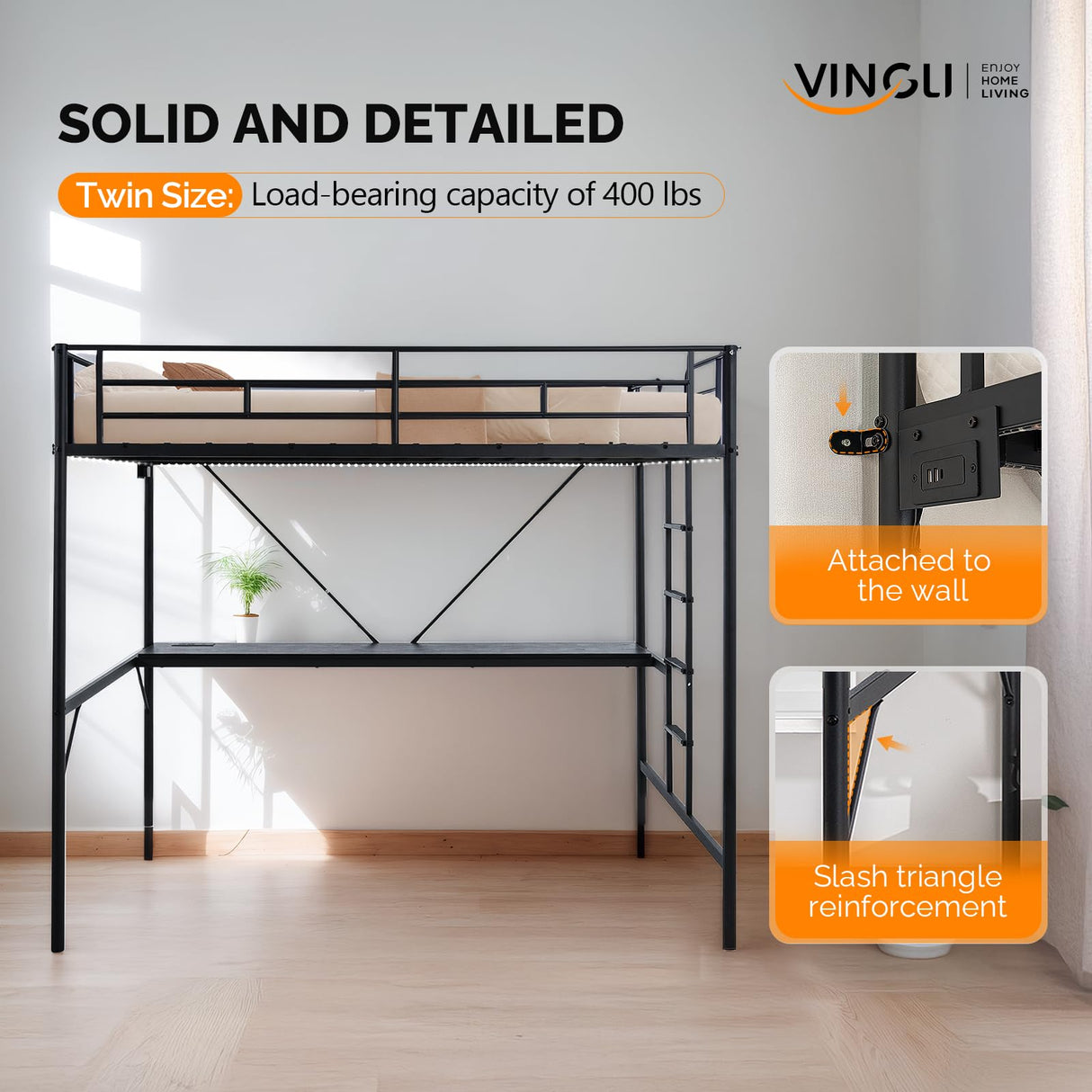 VINGLI Twin Size Metal Loft Bunk Bed Frame for Kids Teens Adults with Desk Underneath,2 Charging Station,LED Lights,Safety Guardrail and Stair,No Box Spring Needed,Black VINGLI