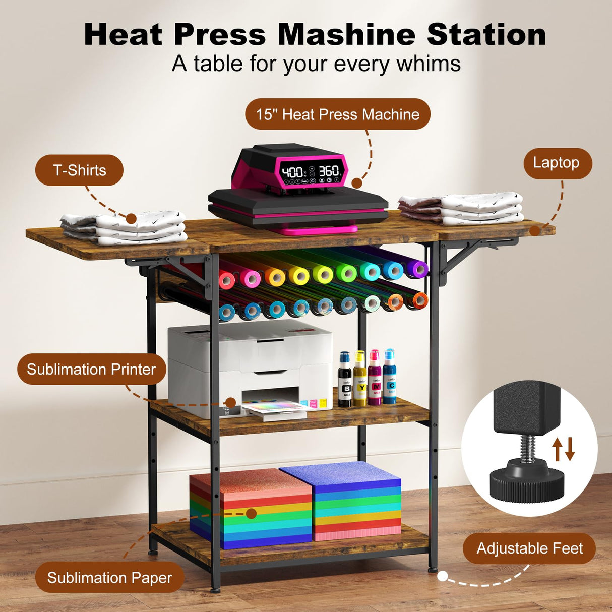 EasyCom 19.7"x46.5" Heat Press Table with 18 Vinyl Roll Holders, Adjustable Height 3 Tier Heat Transfer Machine Stand with Wheels, Foldable Crafting Table for DIY Sublimation Transfer Machine EasyCom
