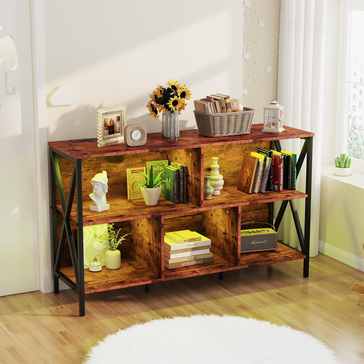 Horizontal Bookshelf,Industrial Modern 5 Cube Low Wide Cubby Bookcase with led Light,Long Wood and Metal Storage Organizer Open Shelf, Book Shelf Bedroom Storage for Home Office Living Room(Brown) Adompacat