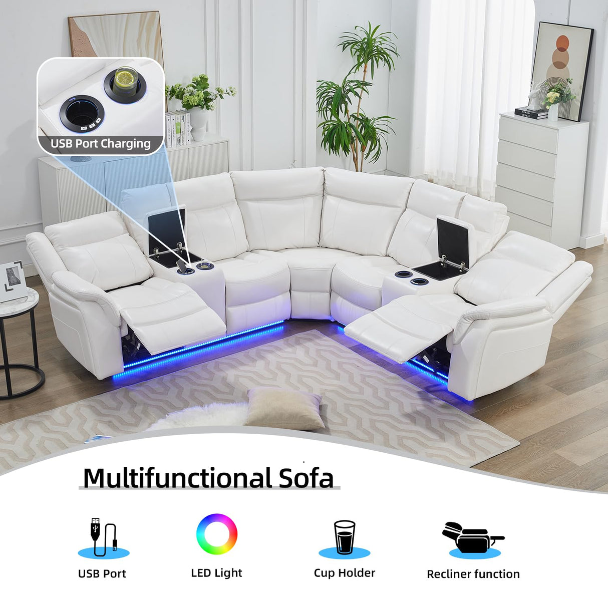 TODRANI Power Reclining Sectional Sofa 5 Seater, Faux Leather Reclining Sectional Couches for Living Room with Wall Hugger Recliner, L Shaped Furniture Sofa Sets with LED Light, USB Port, White TODRANI