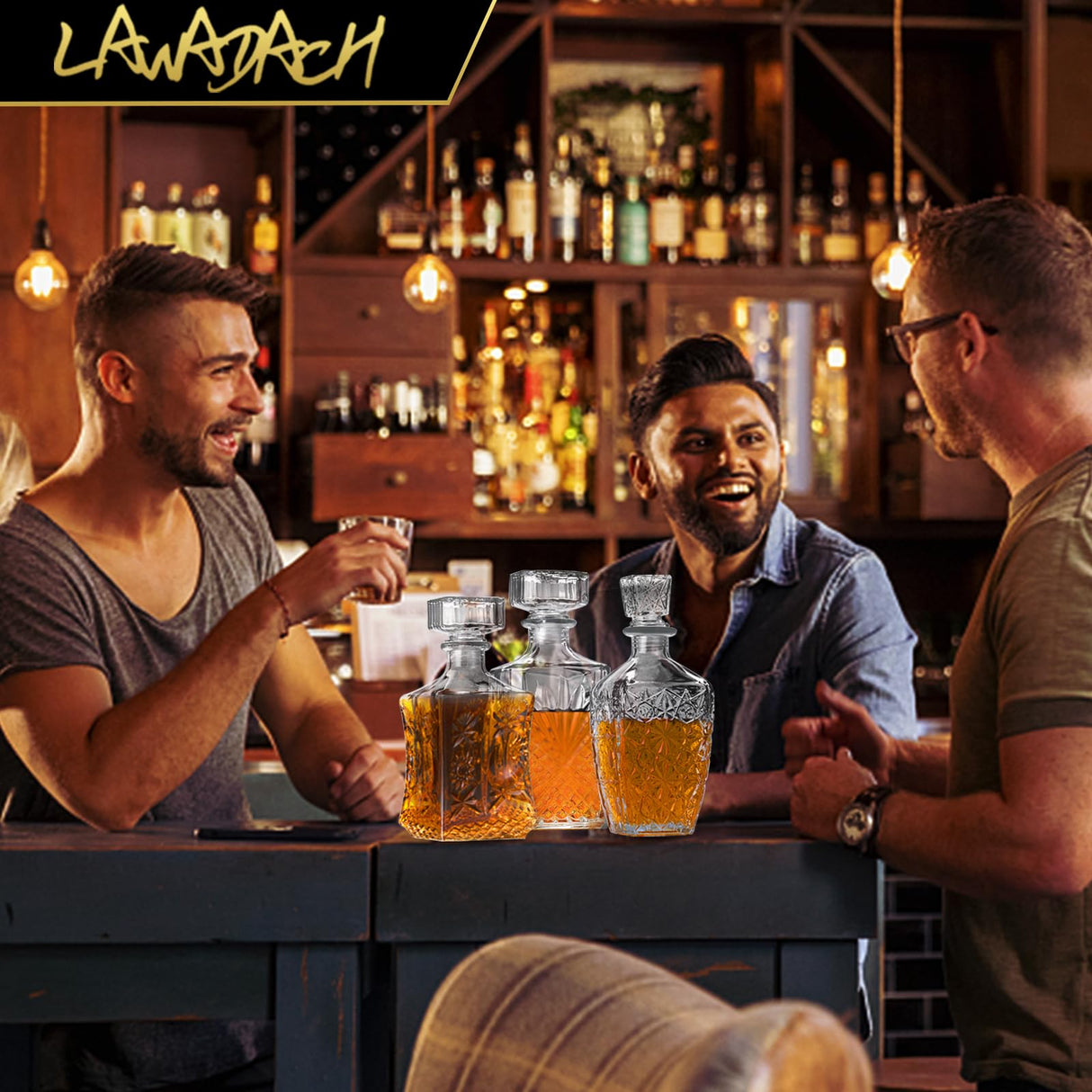 LAWADACH Whiskey Decanter Glass Liquor Decanters Set of 3, Alcohol Bottle for Tequila, Brandy and Vodka Unique Liquor Bar and Party Decorations (28oz*2, 31oz*1) LAWADACH