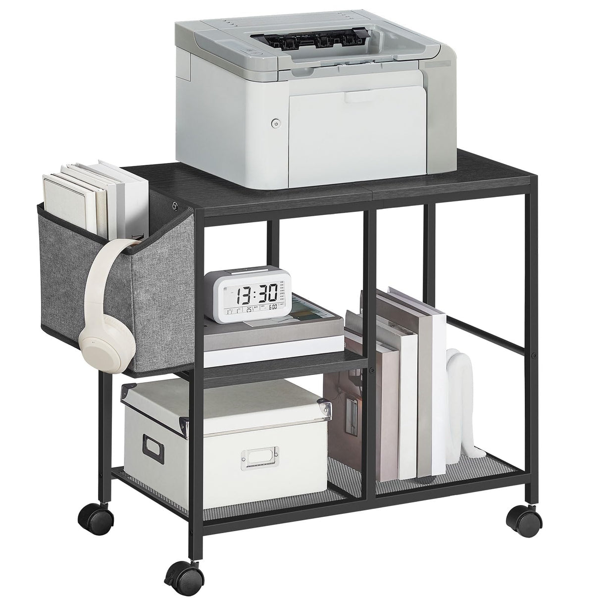 MAHANCRIS Printer Stand with Storage Bag, 3-Tier Mobile Under Desk Printer Cart with Wheels, Wooden Rolling Printer Table, Organizer Shelf for Study, Office, Living Room, Black PTHB2201 MAHANCRIS