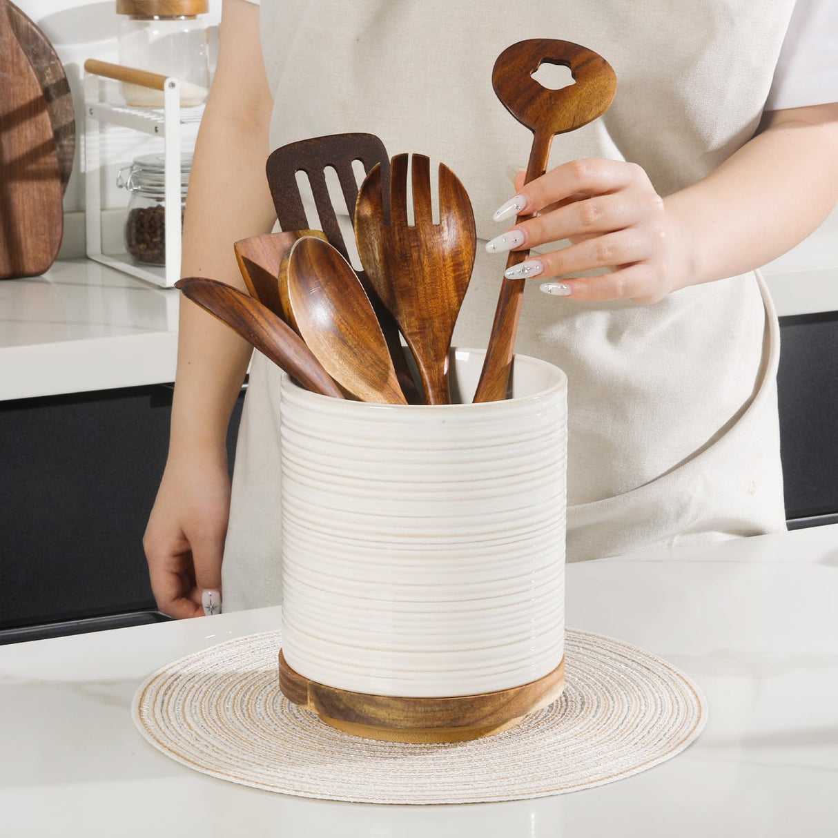 DOWAN Utensil Holder, 360° Rotating Extra Large Cooking Utensil Holder, 7.6" Kitchen Utensil Holder for Countertop, Utensil Crock for Farmhouse Kitchen Decor, Ceramic Stable Utensil Caddy, White DOWAN