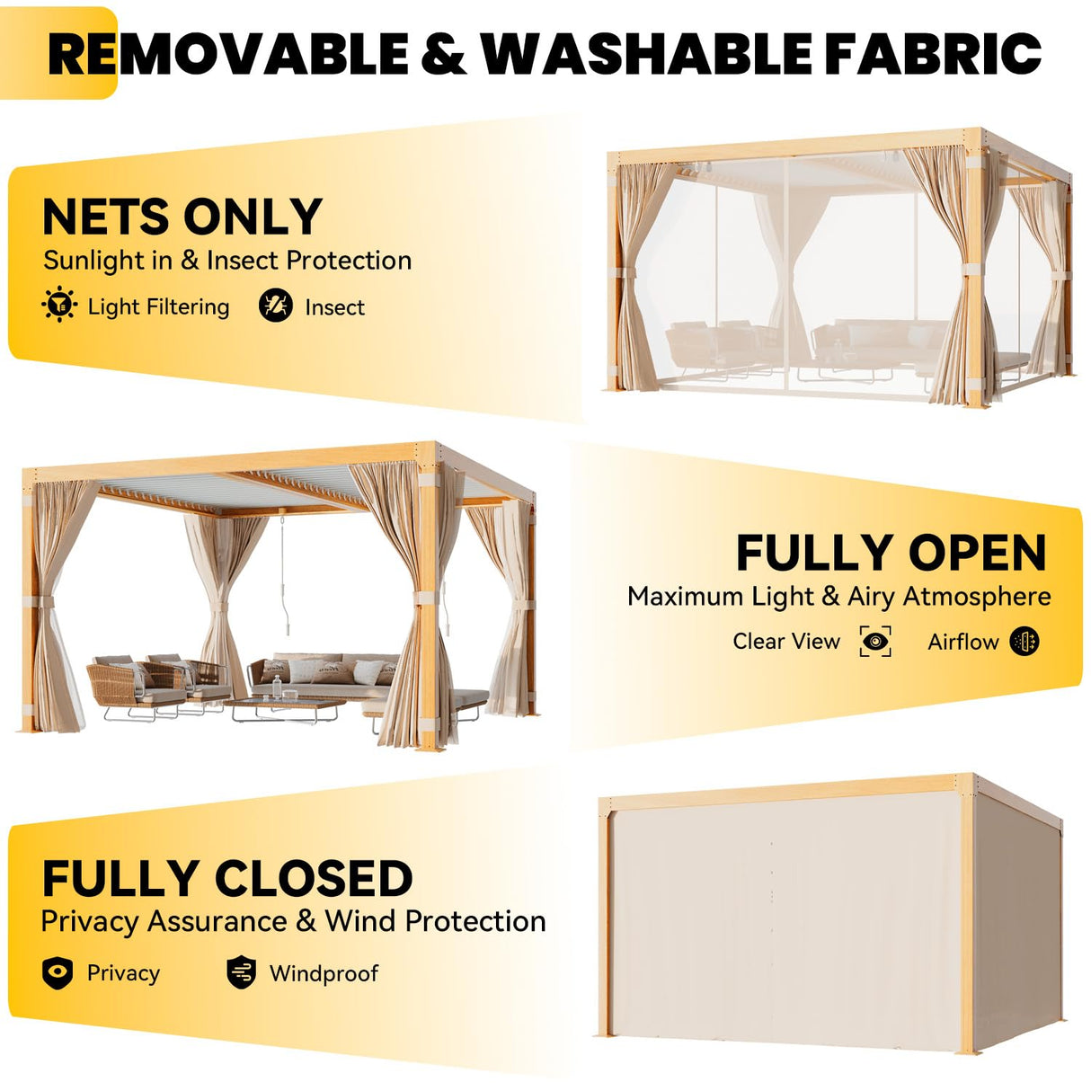 UPHYB Louvered Pergola 12x12ft, Adjustable Aluminum Pergola with Waterproof Curtains and Nets, Sun & Rain Shade for Patio, Modern DIY Outdoor Living Upgrade, Woodgrain UPHYB