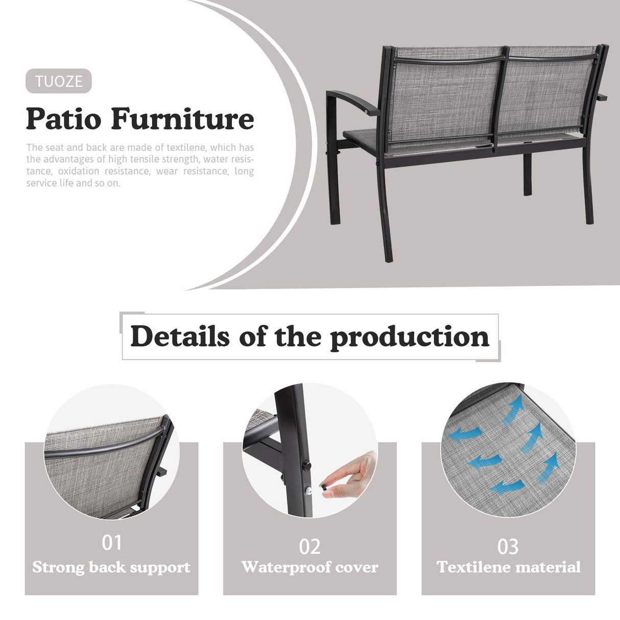 Tuoze 4 Pieces Outdoor Patio Furniture Set Conversation Set with Glass Coffee Table Bistro Set with Loveseat Garden Yard Lawn and Balcony (Grey) Tuoze