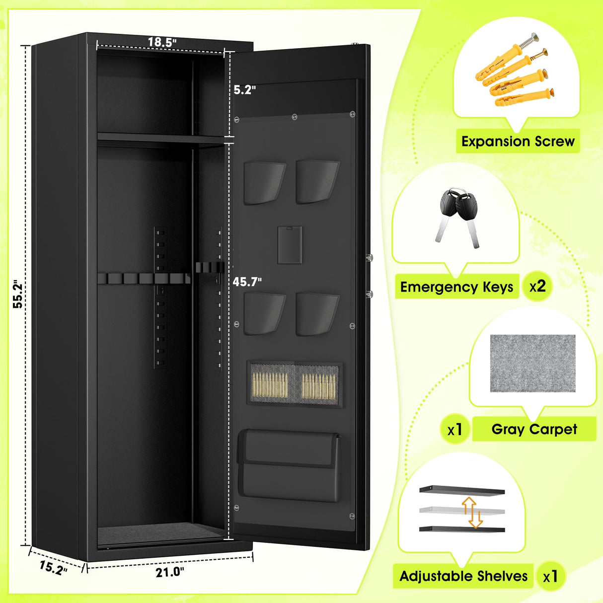 Greenvelly 10-14 Gun Safe for Rifles and Pistols, Quick Access Gun Safe with Adjustable Gun Rack and Keypad Lock, Lockable Gun Cabinets with Gun Safes Pockets for Home Rifles and Shotguns Greenvelly
