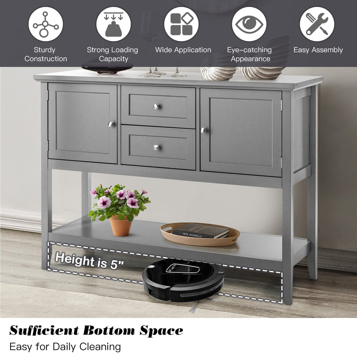 HAPPYGRILL Buffet Sideboard Solid Wood Storage Cabinet Console Table with 2 Drawers & Shelf, Buffet Server Cupboard for Kitchen, Entryway, Living HAPPYGRILL