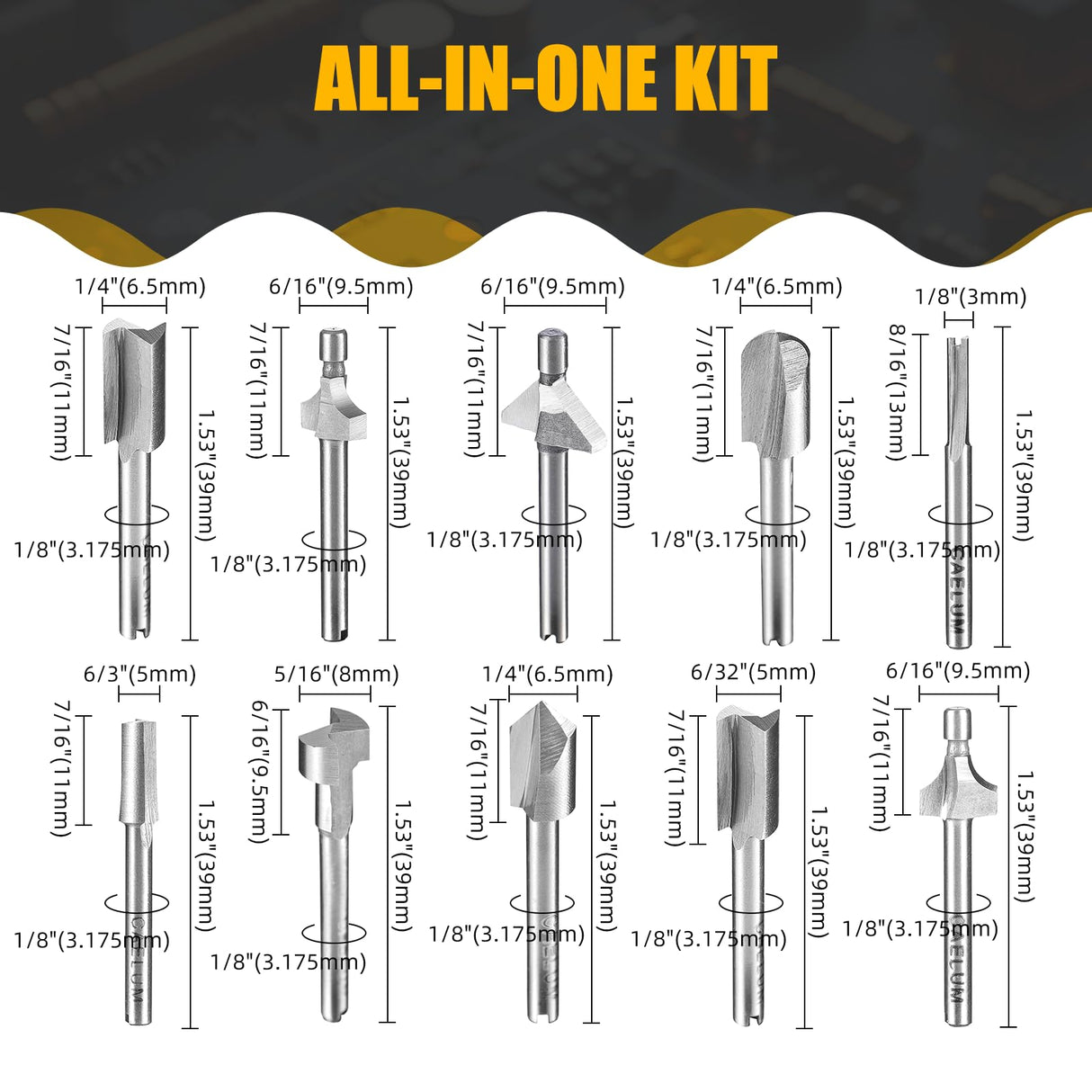 Caelum 10 Pcs HSS Router Carbide Engraving Bits, 1/8"(3mm) Shank, Milling Cutter Bit Set, Rotary Tools Set, for Dremel Tool Accessories, Tools for DIY Woodworking, Edge Grooving, Drilling, Trimming CAELUM
