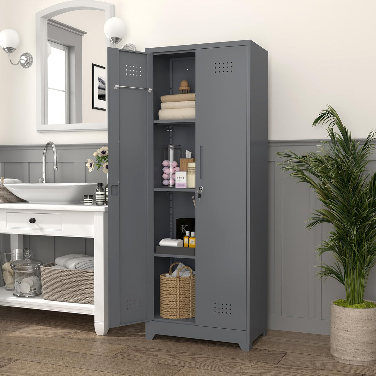 LUCYPAL 65" H Metal Garage Storage Cabinet with Shelves and Lock,Broom Closet Storage Cabinet with Hanging Rods for Mops,Garage Tool Cabinets for Utility Room,Laundry Room,Grey LUCYPAL