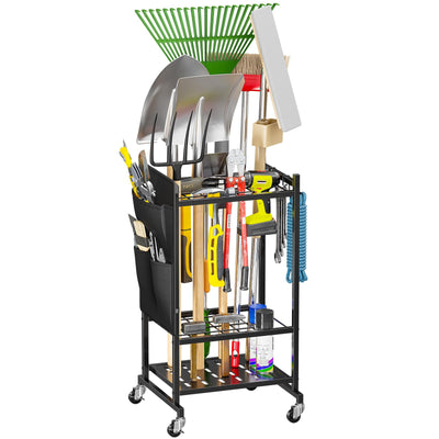 SUFAUY Garden Tool Organizer, Rolling Heavy-Duty Garage Tool Stand, Yard Storage Rack with Casters and Hooks, Black