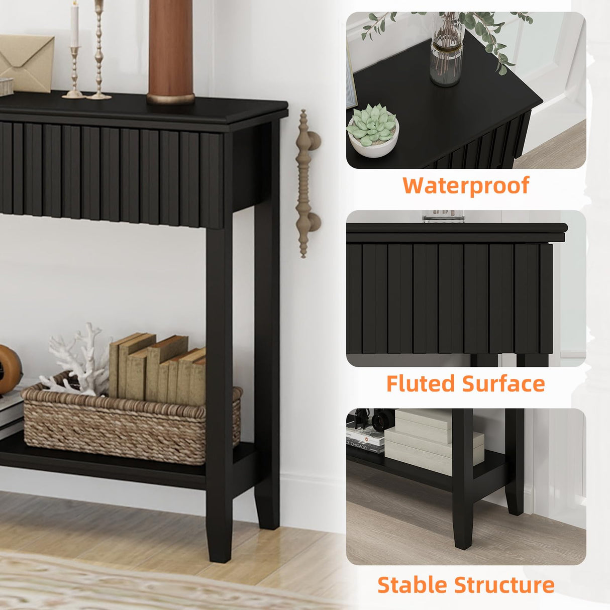 LAZZO Painted Wood Console Table Narrow Long Sofa Table Modern Behind Couch Table Fluted Entryway Table with 3 Drawers and Open Storage Shelf for Living Room, Foyer and Hallway Black (Black, 1 Tier) LAZZO