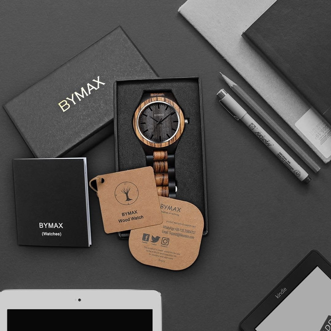 BYMAX Men Wood Watch Quartz, Fashion Handmade Wooden Wrist Watches Mens, Zebra Black BYMAX