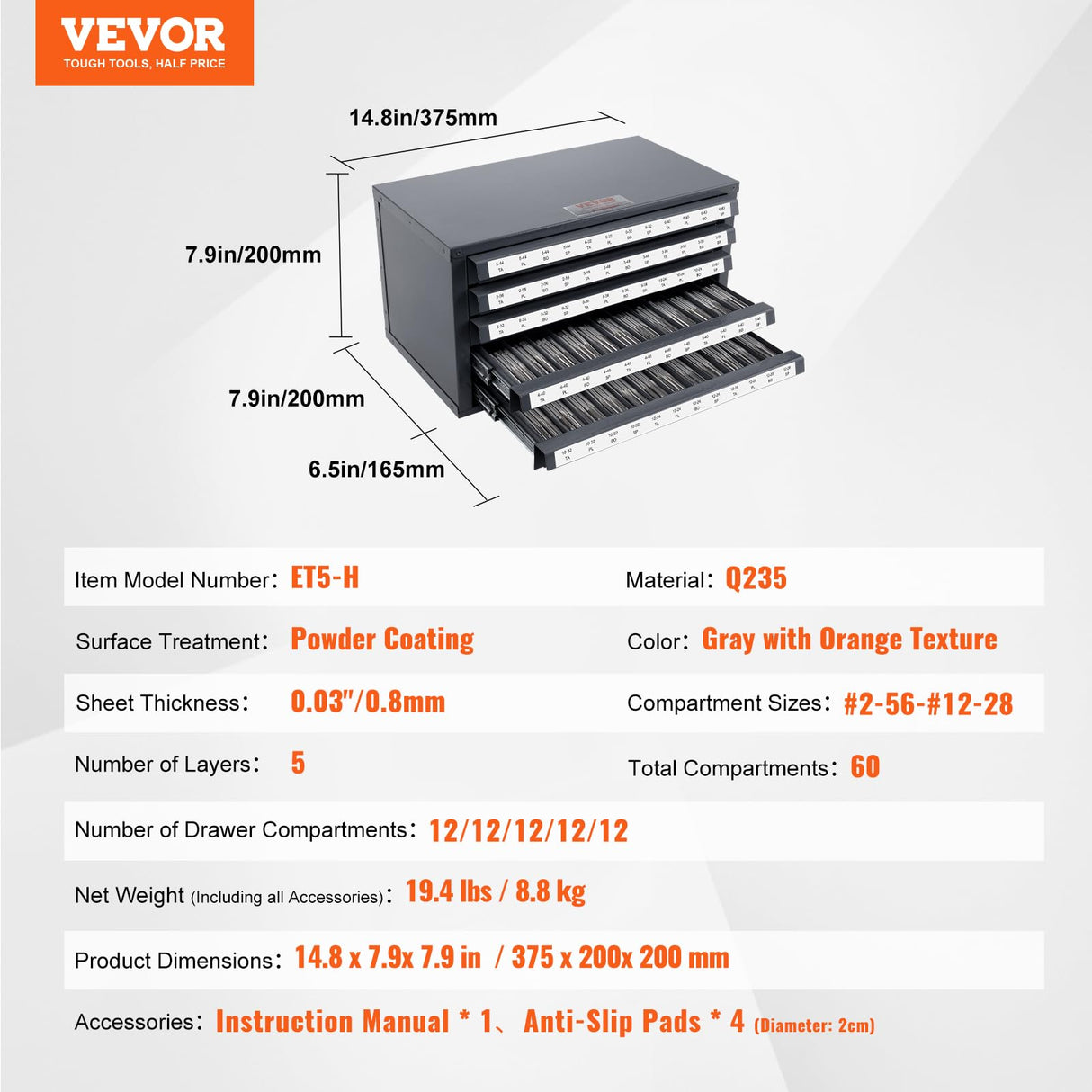 VEVOR Tap Dispenser Cabinet, Five-Drawer Tap Organizer Cabinet for #2-56-#12-28 Steel Tap Dispenser Organizer Cabinet with Labels, 60-Compartment Stackable Tap Cabinet for Tap Storage VEVOR