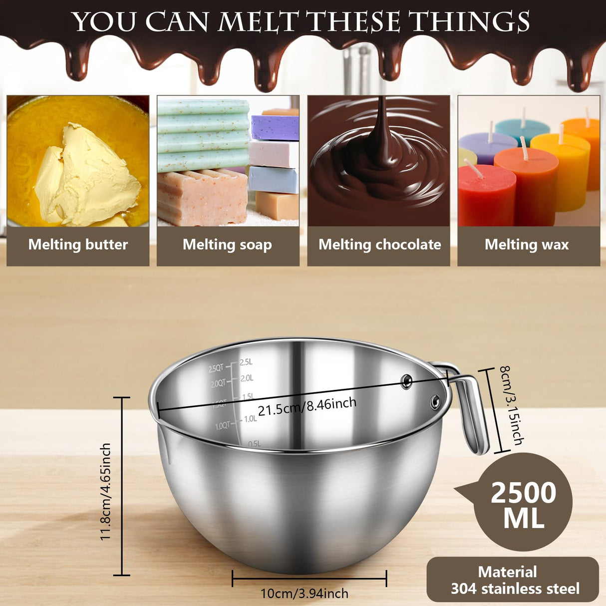 Artcome 304 Stainless Steel Double Boiler Set - 2.6QT Melting Bowl with Scale and Handle - 4.2QT Dual-Handle Pot - Stackable Water Bath Melting Pot Set for Butter, Chocolate, Wax, Sugar, Candle Artcome