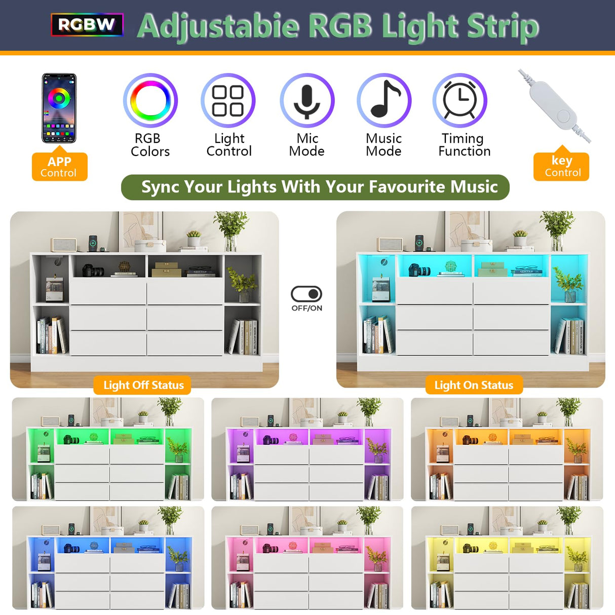 Loomie 6 Drawers Dresser with 6 Open Storage Cubbies, LED Dressers & Chests of Drawers with Power Outlet, 55" Wide Long Dresser for Bedroom, TV Stand with Open Shelf for Living Room (White) Loomie