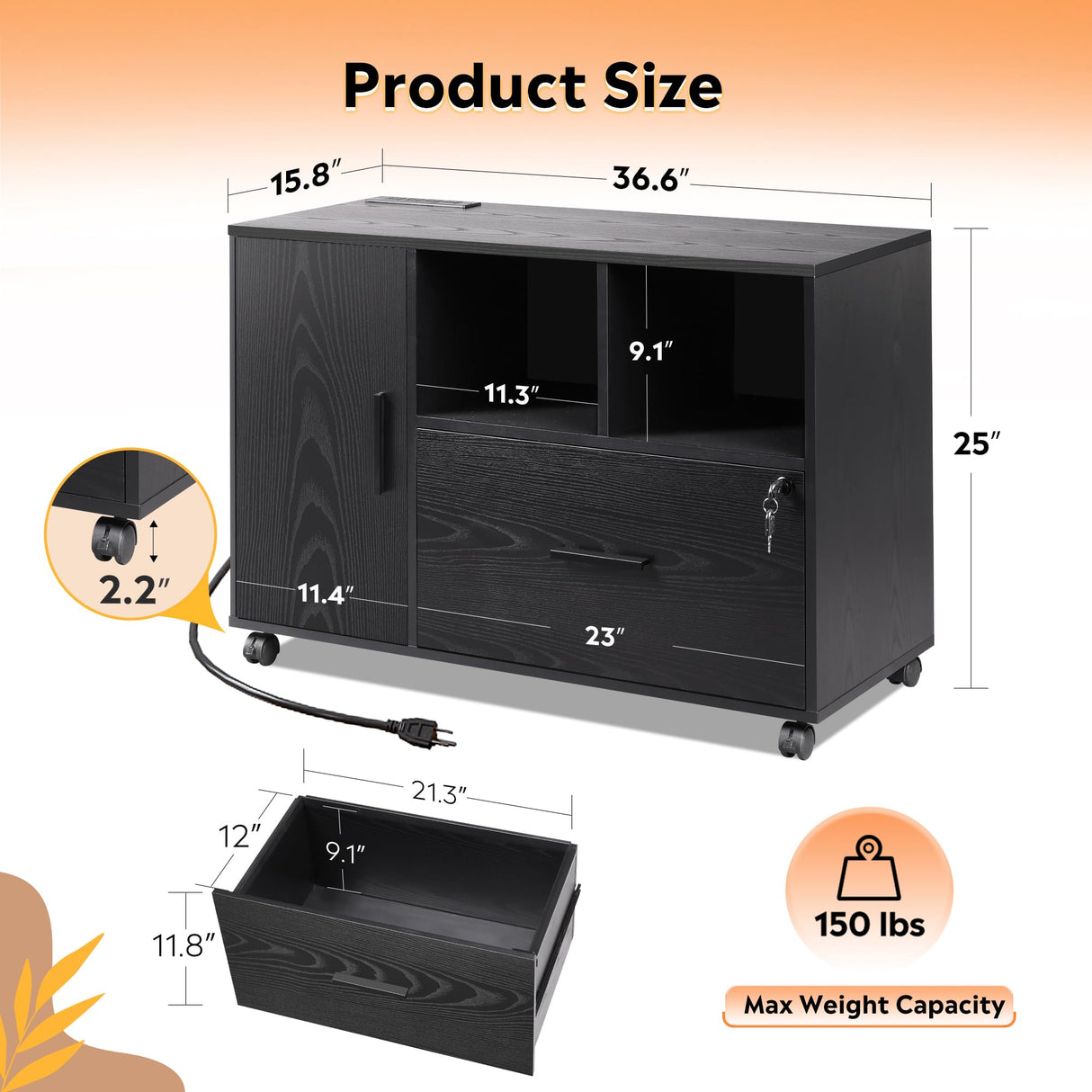 DEVAISE File Cabinet with Charging Station, 1-Drawer Lateral File Cabinets with Lock for Home Office, Wooden Rolling Printer Stand with Shelves, Black DEVAISE