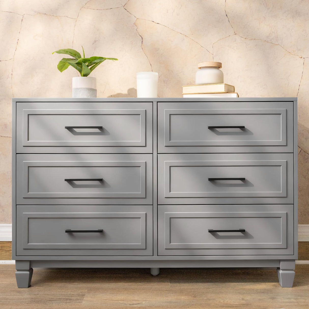 BERRY NEST Farmhouse Dresser for Bedroom, 6 Drawer Dresser with Unique Solid Wood Legs, Modern Wide Chest Dressers for Clothes, Closet, Living Room, Grey BERRY NEST