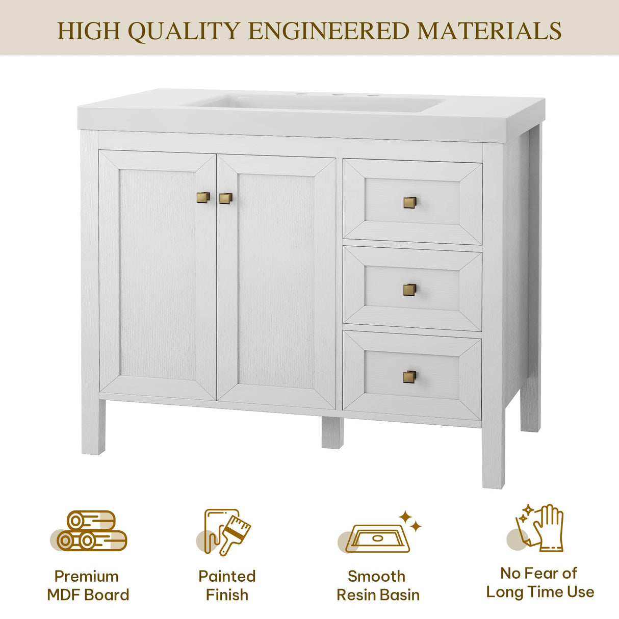 YITAHOME 42" Bathroom Vanity with Sink Set, Vintage Bathroom Cabinet Vanity with Resin Basin, Extra Large Storage with 2 Soft-Closing Doors & 3 Drawers, White YITAHOME