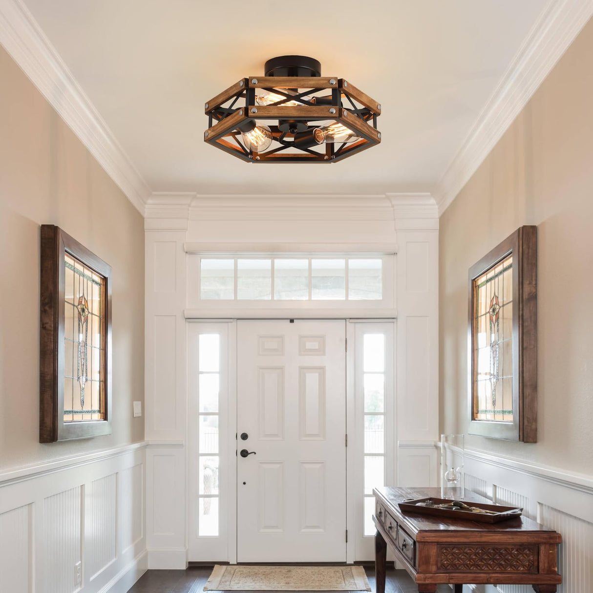 2 Pack 3-Light Rustic Farmhouse Wood Flush Mount Ceiling Light Fixture Oak Wood and Metal Cage Semi Flush Mount Ceiling Light for Hallway Hall Entry Bedroom Kitchen Farmhouse, Black RKUCSR