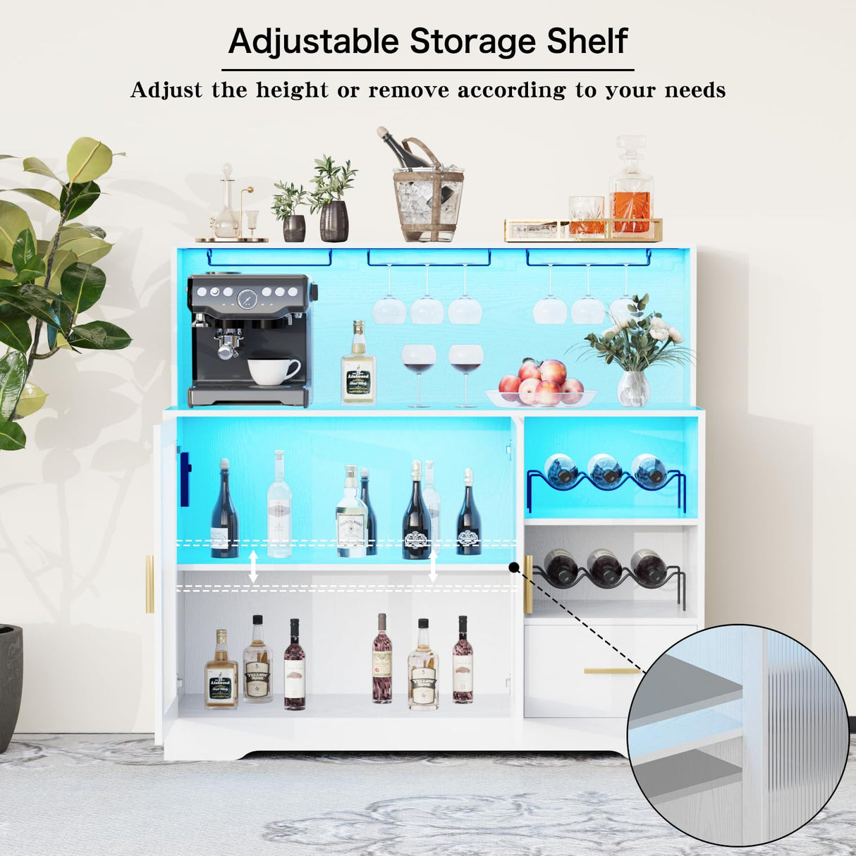 Wine Bar Cabinet with LED Light,with Wine and Glass Rack, Modern Kitchen Coffee Bar Cabinet with Storage, Buffet Sideboard with Drawers(White, Large) amzzar