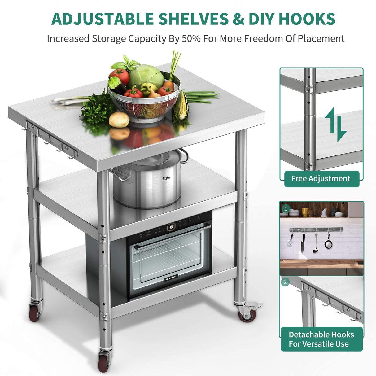 YITAHOME NSF Stainless Steel Table, 36" X 24" Work Table with Wheels, 3 Shelves Metal Table Prep Table for Home Kitchen Restaurant Garage Warehouse Outdoor YITAHOME