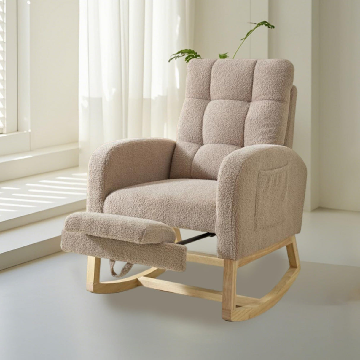 Hevaotry Nursery Rocking Chair with Adjustable Footrest for Living Room,Teddy Fabric Rocking Chair with Solid Wooden Legs,Comfortable Lounge Armchair with Side Pockets and High Backrest(Light Coffee) Hevaotry