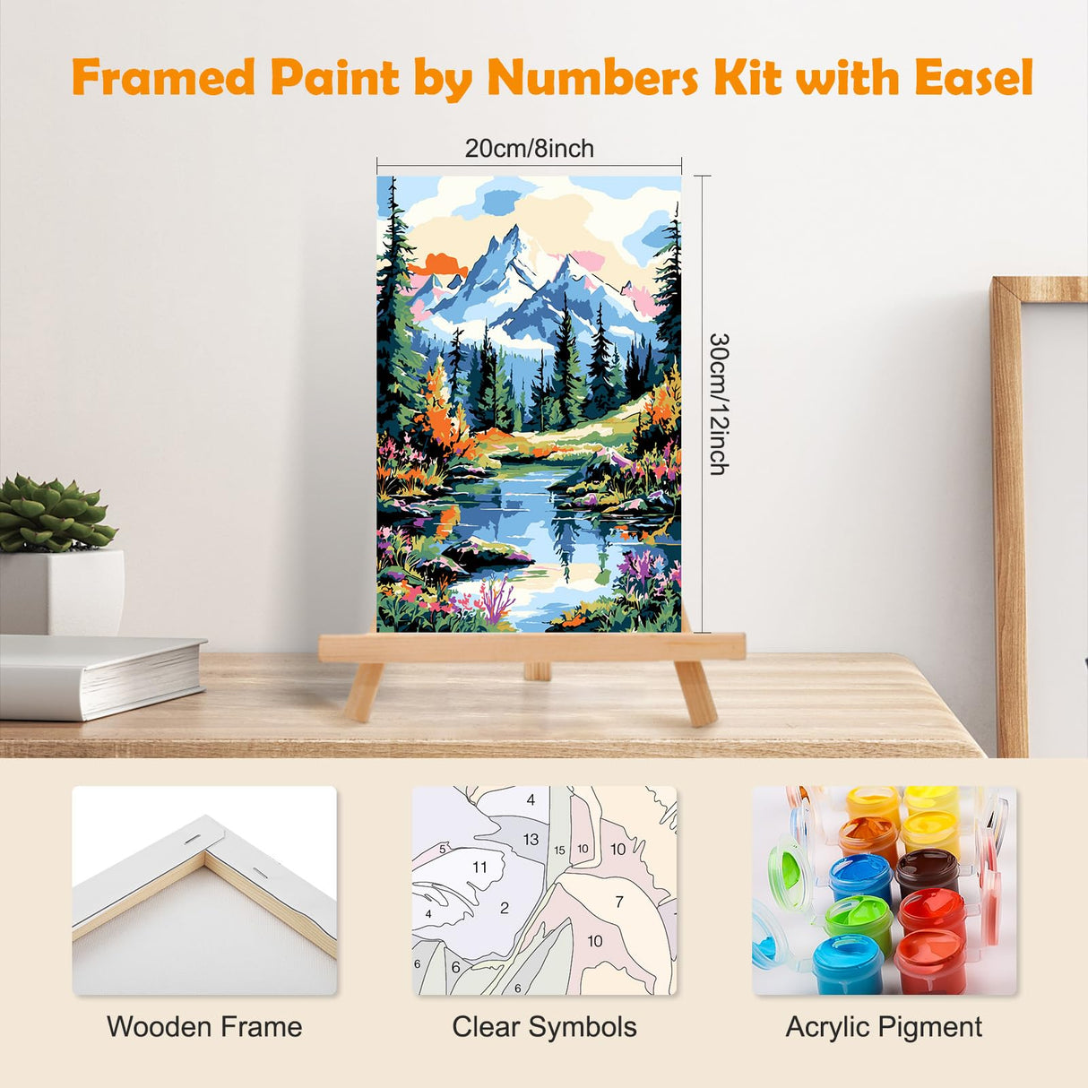 MOGTAA Mountains Lake Paint by Numbers Kit for Adults Beginners with Frame, Landscape Adult Paint by Number Kits on Canvas with Easel, Easy DIY Oil Painting Kits for Home Decor, 8x12in MOGTAA