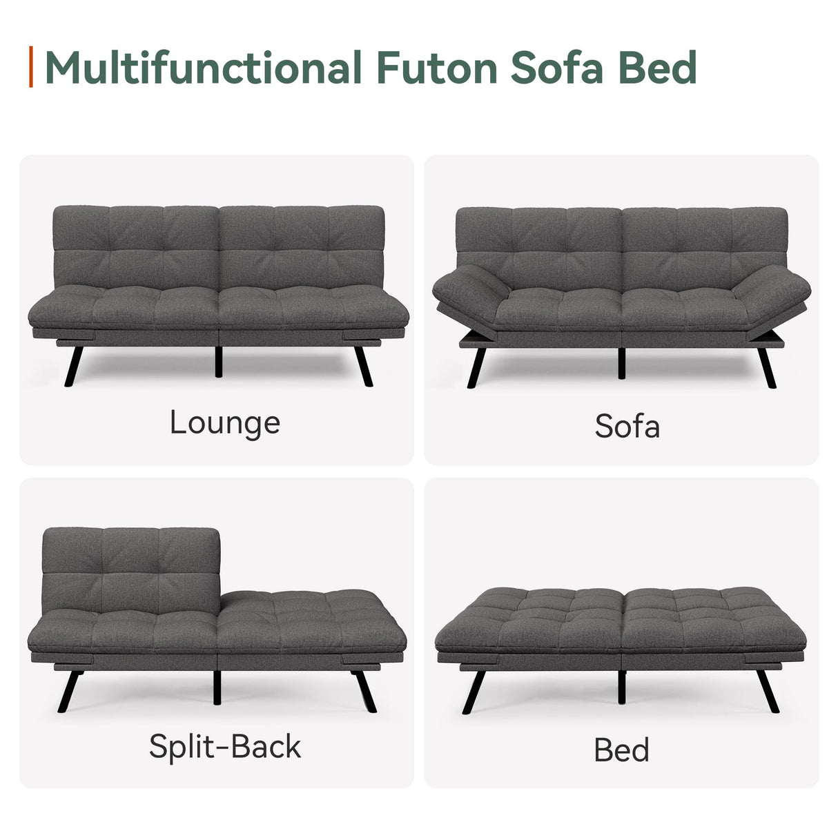 Opoiar Convertible Futon Sofa Bed,71" Memory Foam Futon Couch,Detachable Cushion,Adjustable Backrest & Armrest,Linen Modern Loveseat Sleeper Recliner for Living Room,Office,Apartment,Light Grey Opoiar