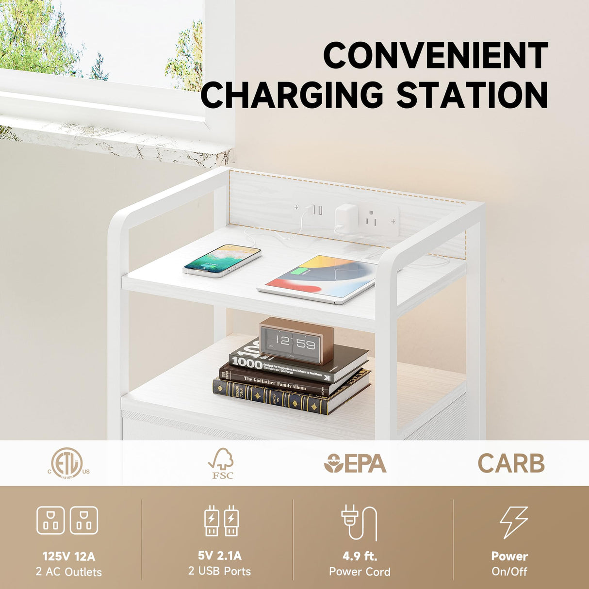 Night Stand Bedside Table Bedroom - Nightstand with Charging Station & LED Light Strip, Bed Side Table with Storage Shelf & 2 Fabric Drawers, Morden White End Table with U-S-B Ports & AC Outlets Lazzanto