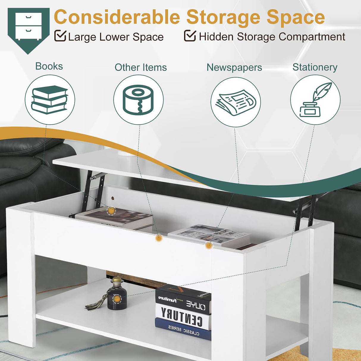 PayLessHere Coffee Table Lift Top Coffee Tables with Hidden Compartment and Storage Shelf Wooden Lift Tabletop Dining Table for Living Room Home (White, 39" D x 28" W x 24" H) PayLessHere