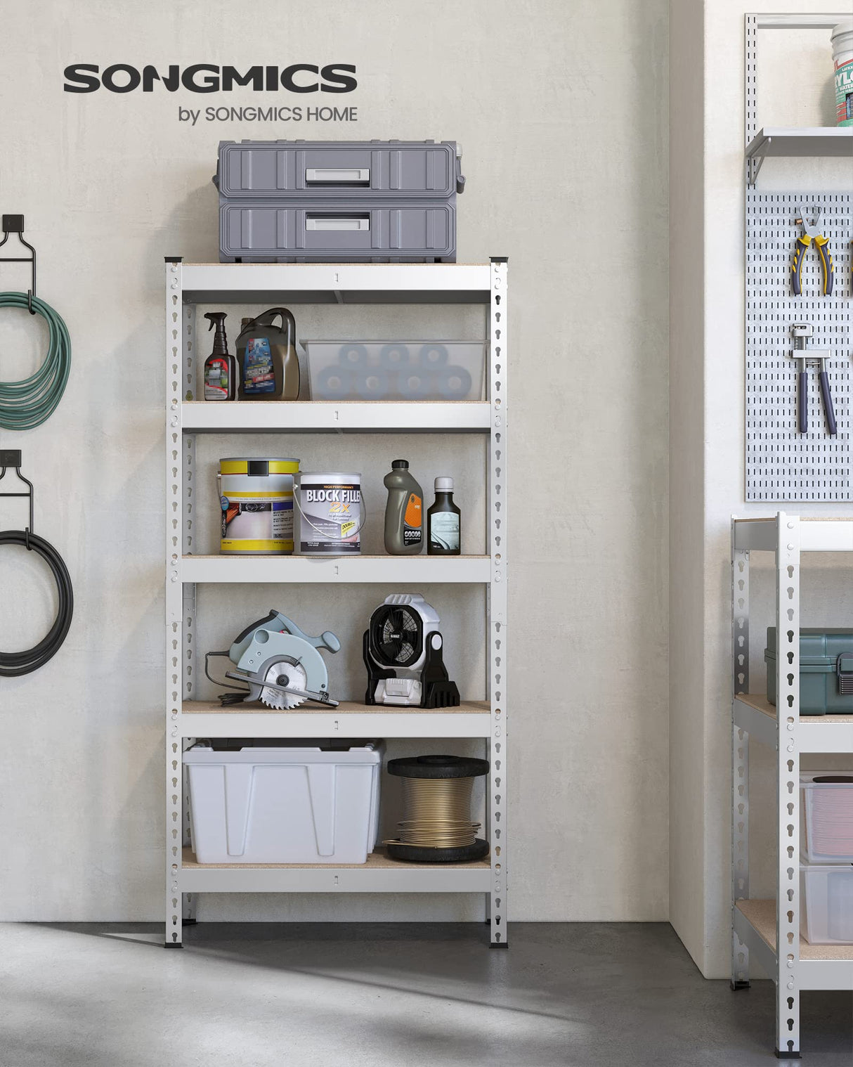 SONGMICS 5-Tier Storage Shelves, Load 2310 lb, Garage Storage, Boltless Assembly, Adjustable Shelving Unit, 11.8 x 29.5 x 59.1 Inches, for Study Shed Basement, Silver and Natural Beige UGLR300E01 SONGMICS