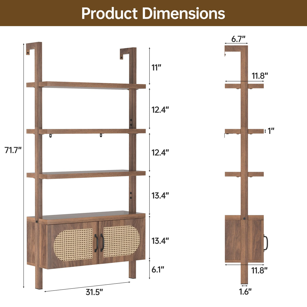 72" Tall Industrial Bookshelf Ladder with 1" Thick Wood - Faux Wood Grain Finish, 5-Tier Open Wall Mount Storage Cabinet with Rattan Doors, Rustic Brown iabifo