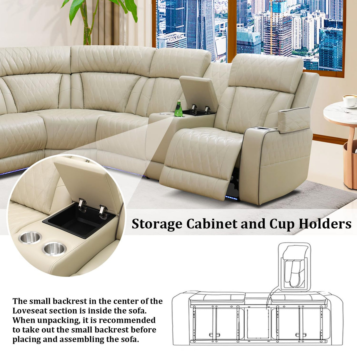 SIENWIEY Power Recliner Sectional Sofa with LED Light,Leather Reclining CornerSectional Couch for Living Room,Corner L Shaped Living Room Sofa Set(Beige,Sectional) SIENWIEY