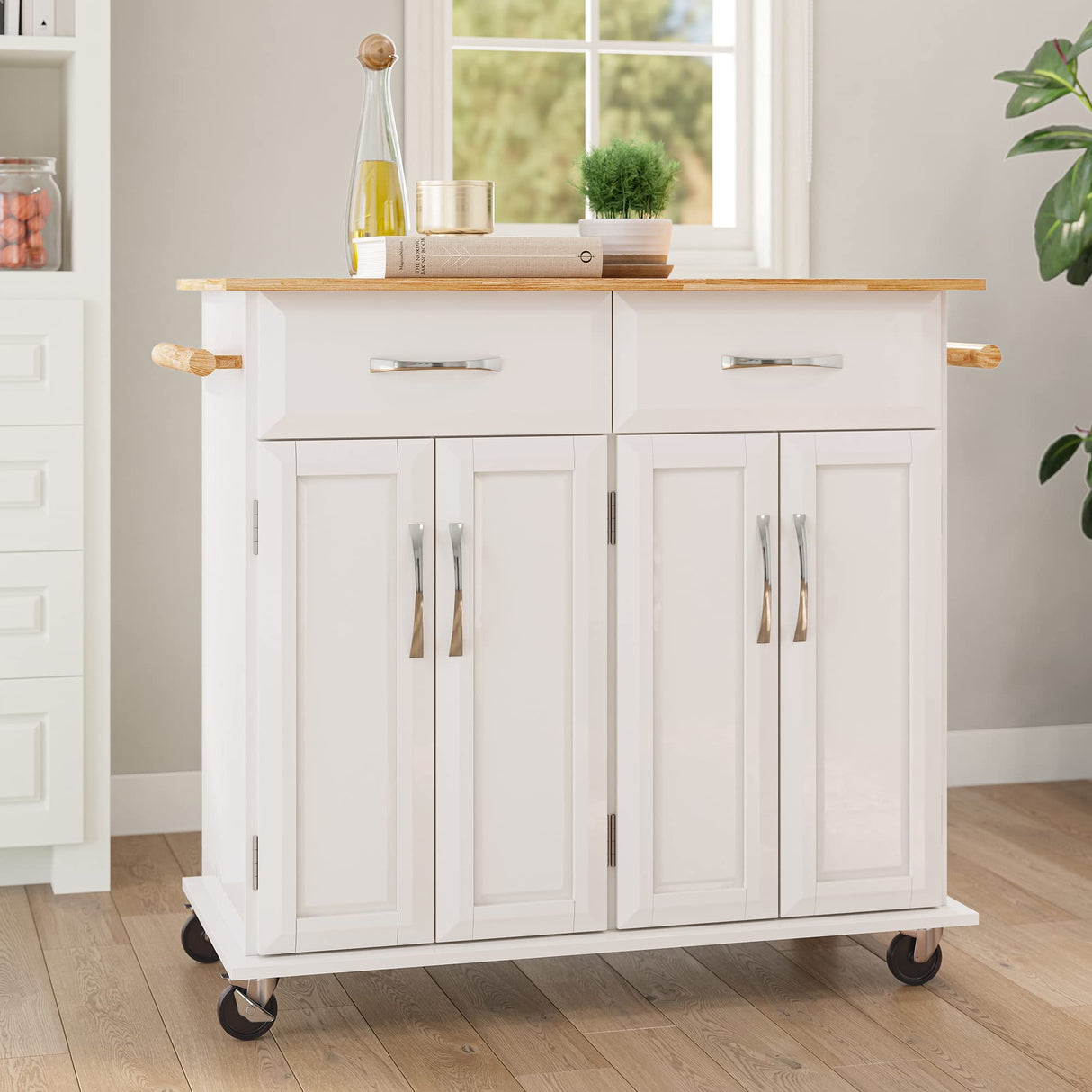 BELLEZE Rolling Kitchen Island Cart on Wheels with Storage Cabinet, Mobile Kitchen Cart Island Table with 2 Drawers Towel Racks Rubber Wood Top Coffee Bar for Dinning Room, 41.7”Lx18.5”Wx37”H, White BELLEZE