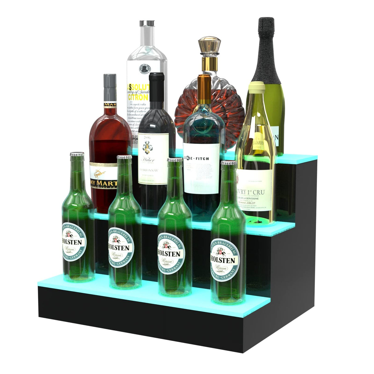 HIGOSPRO LED Liquor Bottle Display Shelf, 16 inch 3-Step Lighted Acrylic Lighted Bar Shelf for Home, Illuminated Home Bar Shelf, Acrylic Lighted Bottle Display Stand with RF Remote HIGOSPRO