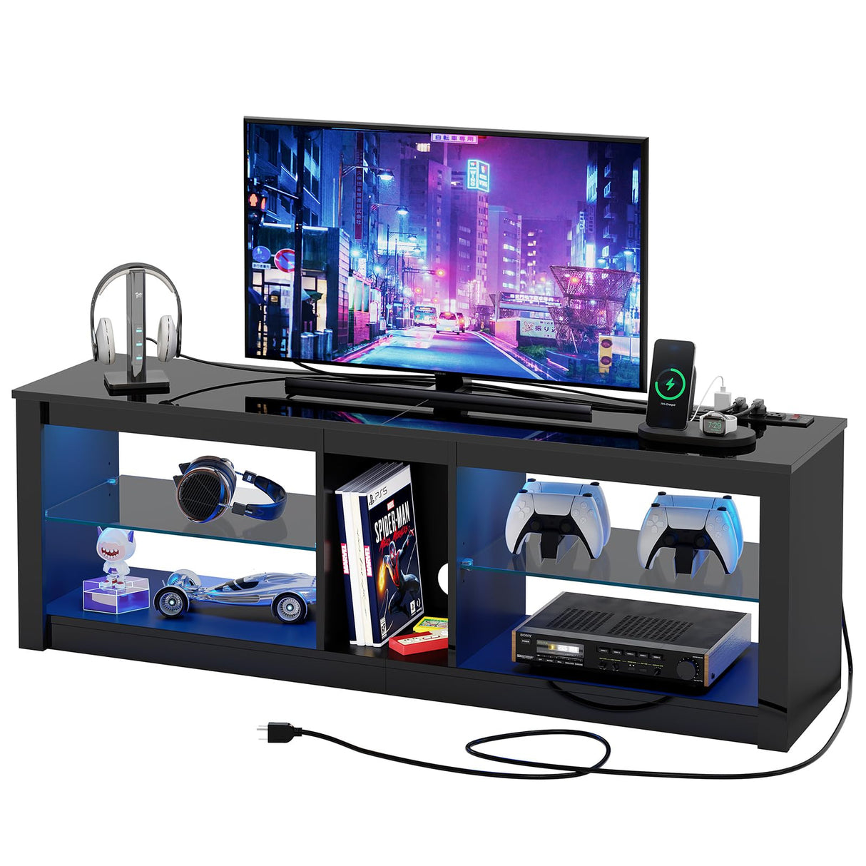 Bestier LED TV Stand for 55/60/65 Inch TV, High Gloss Gaming TV Stand with Power Outlet, Black Entertainment Center with Storage for Living Room, Bedroom, 55 Inch TV Console with Adjustable Shelves Bestier