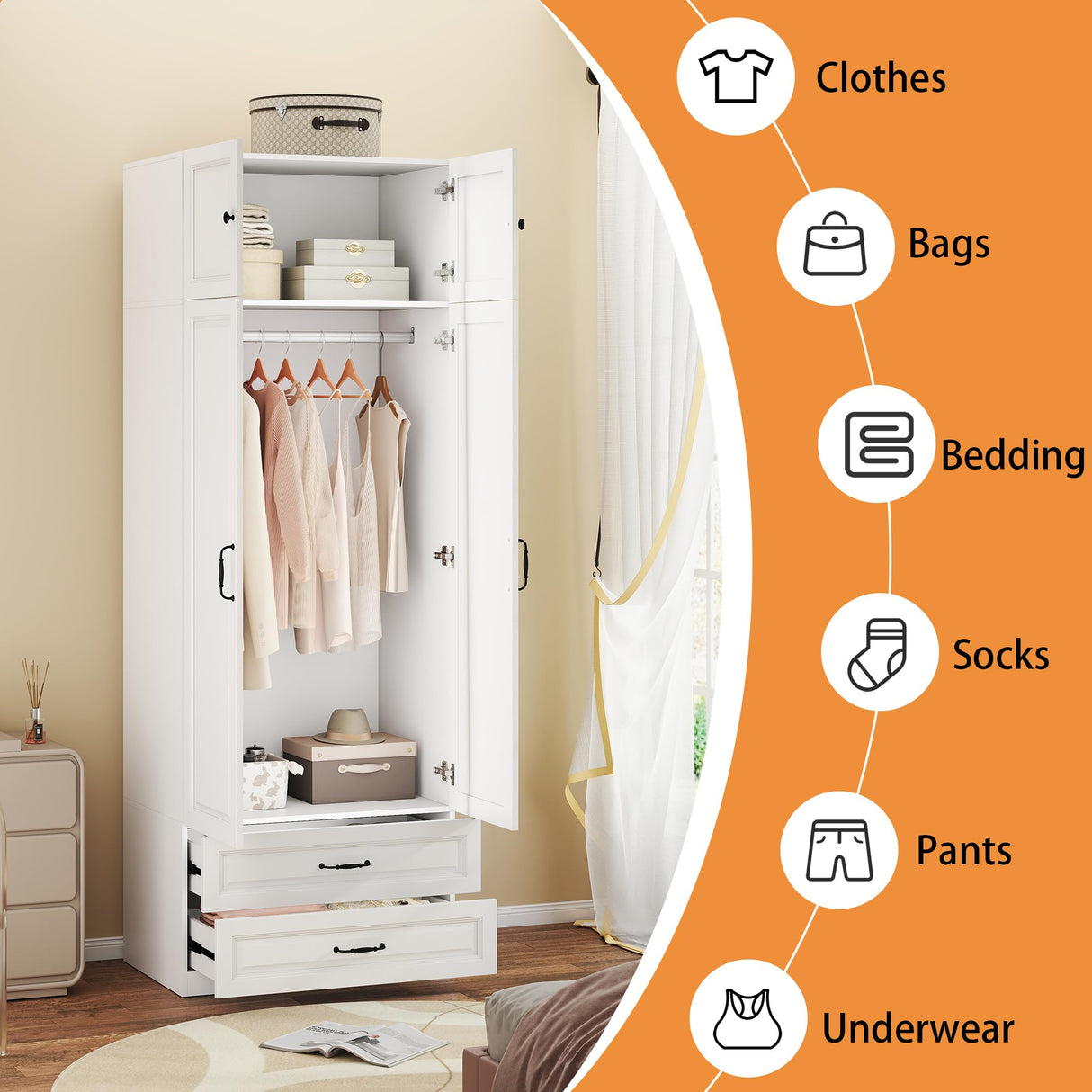 Mhsatyrs Armoire Wardrobe Closet with 2 Drawers: 88" White Bedroom Closet, Wood Wardrobe Closets with 2 Doors, Tall Armoire Cabinet and Storage Shelves for Clothing (31") Mhsatyrs