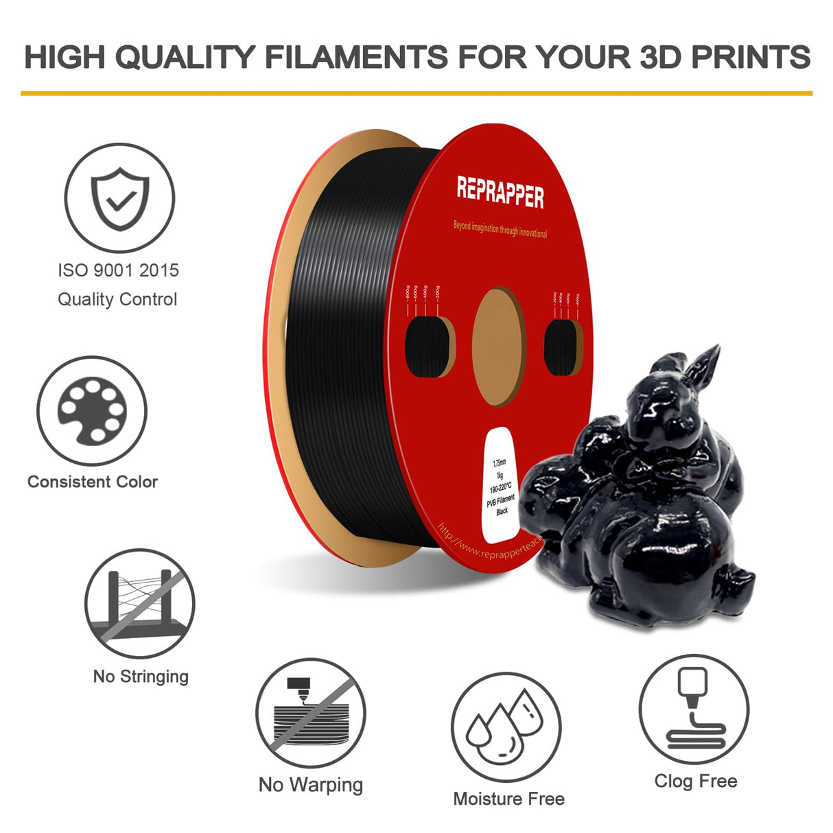 Reprapper Black PVB Filament for 3D Printer - Print Like PLA Filament 1.75mm Easy Smoothable Post Polishing with IPA Alcohol Smooth Finish 1kg (2.2 lbs), Black RepRapper