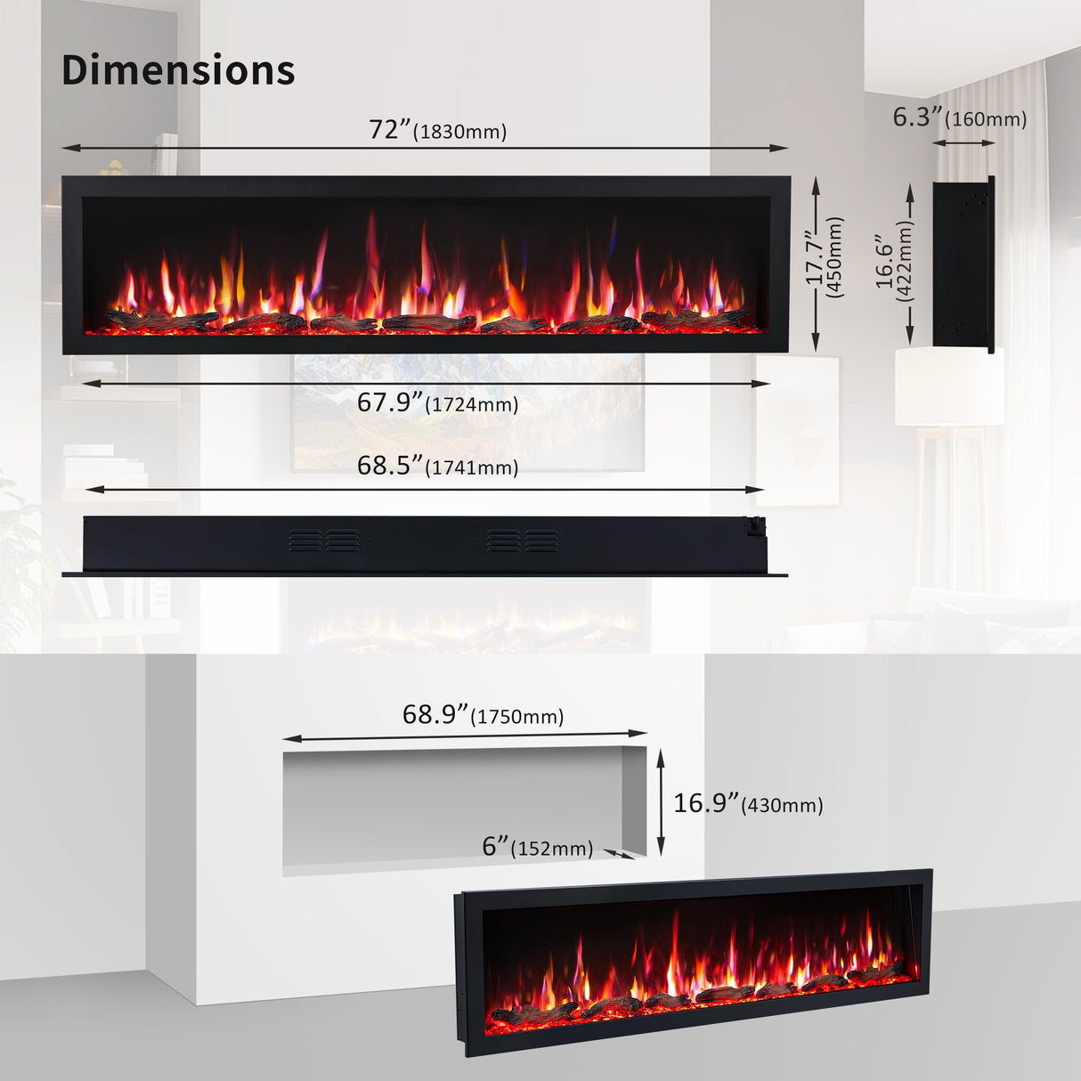 PuraFlame Bernice 72 Inch Smart Linear Electric Fireplace - Clean Hidden Vent Design, Flame with 9 Colors, Recessed in-Wall or Wall-Mount or Free Standing, Compatible with Alexa and Google Assistant PuraFlame