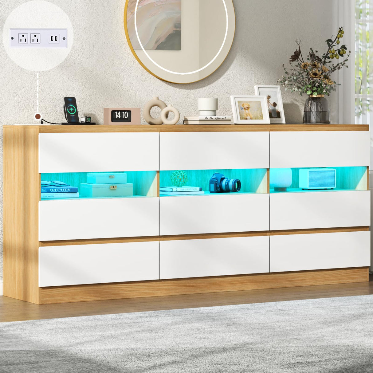 Loomie 9 Drawer Triple Dresser with Charging Station & Led Lights for Bedroom,Long 63" Dresser TV Stand for TVs up to 75",Wide Large Drawer Dressers Organizer with 3 Cubbies for Hallway, Light Wood Loomie