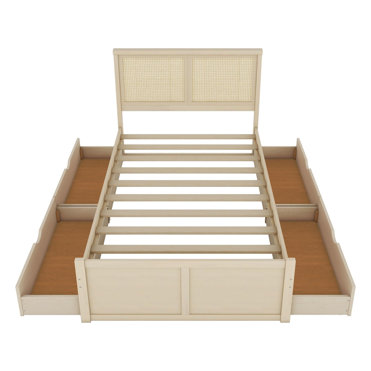 Linique Rattan Bed Frame Full,Full Size Wood Storage Platform Bed with 4 Drawers and Rattan Headboard(Natural) Linique