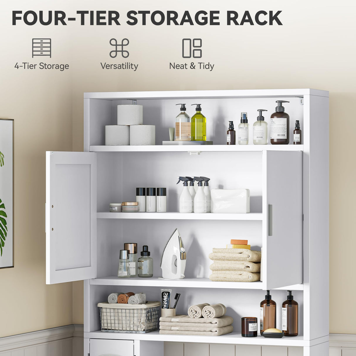 YITAHOME Over The Toilet Storage, Bathroom Storage Over The Toilet, Bathroom Cabinet with Adjustable Shelves, Double Doors, Trash Can Placement Ring, Tissue Box Holder for Bathroom (White) YITAHOME