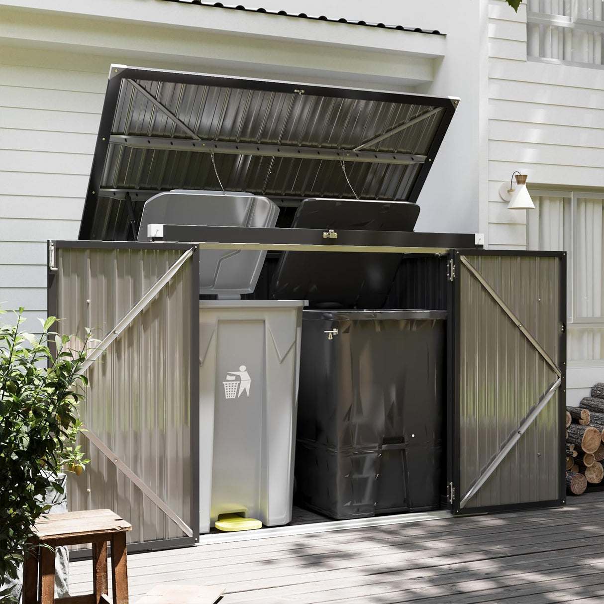 Jolydale 79 Cu. Ft Premium Storage Shed 3.3 x 5.6 FT Outside Metal Trash Shed Waterproof Outside Storage with Lid Chain Storage Trash Can Weeding Tools, for Garden, Backyard, Patio (Black) Jolydale