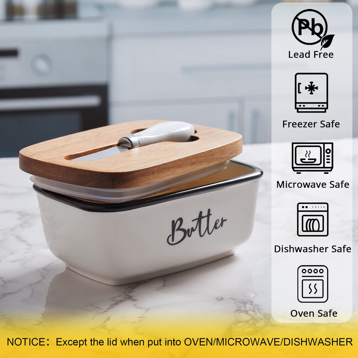 Butter Dish with Lid and Knife for Countertop, Airtight Butter Keeper for Counter or Fridge, Ceramic Butter Container with Thick Acacia Wood Lid, for Farmhouse Kitchen Decor and Accessories, White ALELION
