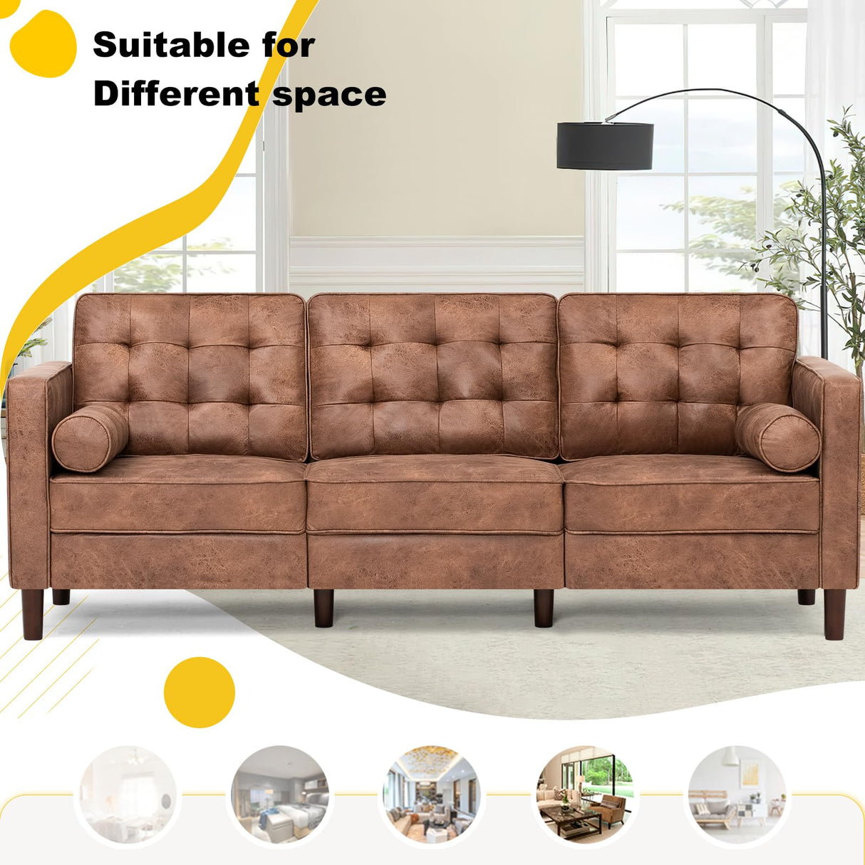 Lesofair 84" Suede Leather Sofa with 2 Soft Pillows, Tufted Modern Sofa with Sturdy Wooden Legs, 3 Seats Couch for Living Room, Office, Bedroom, Brown Lesofair