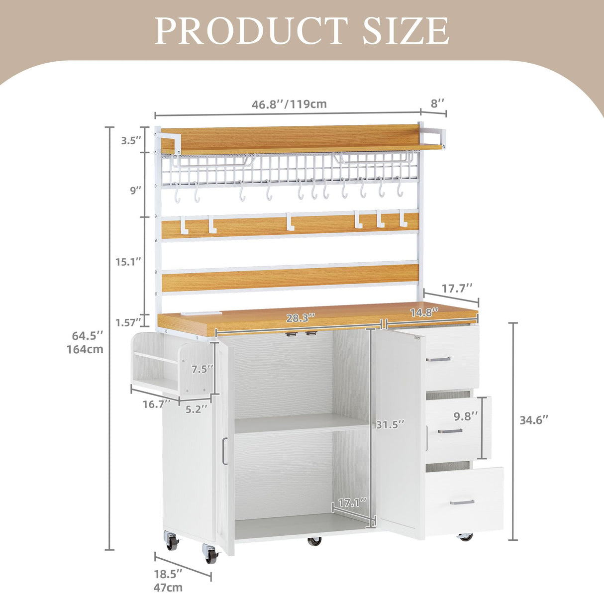DWVO Farmhouse Bakers Rack with Power Outlet and LED Light, 53 inch Coffee Bar Cabinet Station with Storage, Microwave Stand on Wheels, with Wine Racks, Shelves, Goblet Holder and 14-S Hooks (White) DWVO
