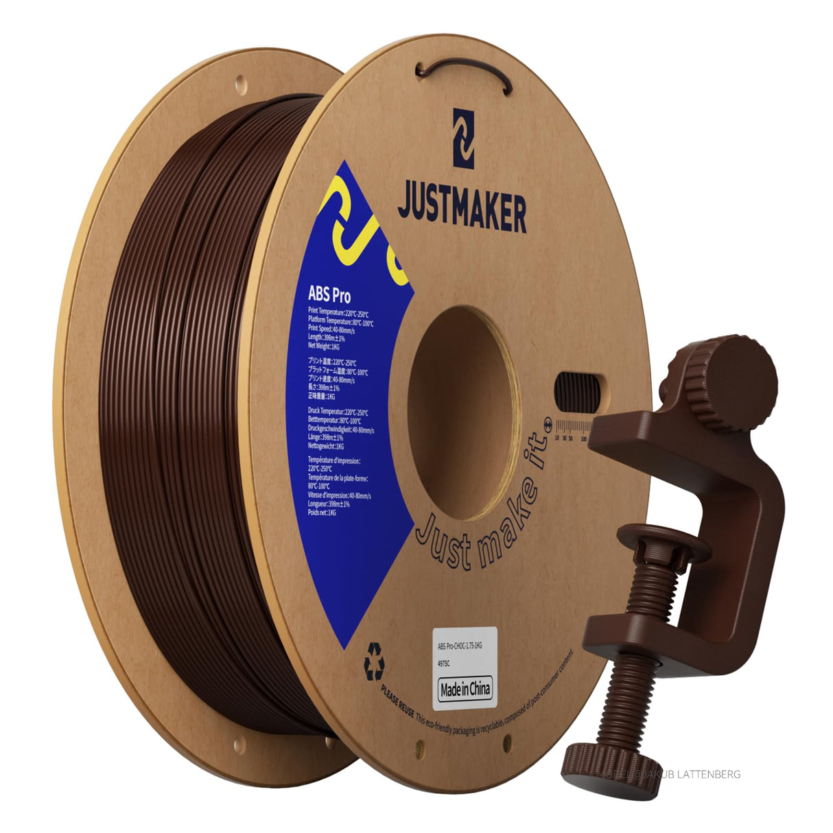 JUSTMAKER ABS PRO (ABS+) 3D Printer Filament, Upgraded Strength Heat Resistant Filament, Cardboard Spool, Dimensional Accuracy +/-0.03mm, 1.75mm, 1 kg (2.2 lbs), Chocolate JUSTMAKER