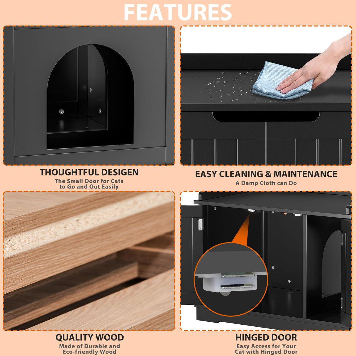 Cat Litter Box Enclosure, Litter Box Furniture Hidden, Wooden Cat Washroom, Cat Litter Box Cabinet, Indoor Cat House w/Removable Divider, as Table Nightstand Storage Bench (Black) Pet Republic