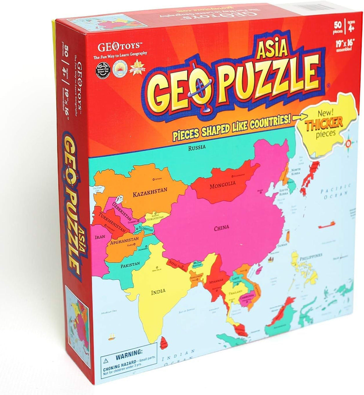 GeoToys GeoPuzzle, Asia Shaped Jigsaw Puzzles, 50 Pc Geography Puzzle, Geography Game & Map Puzzle, Jigsaw Puzzles for Kids Ages 6-9 Years Old Geotoys